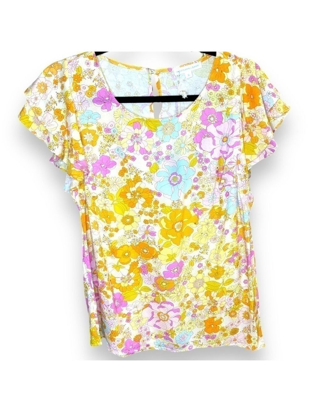 NWT Emerson Rose Yellow Pink Floral flutter Ruffle Sleeve Top - Small